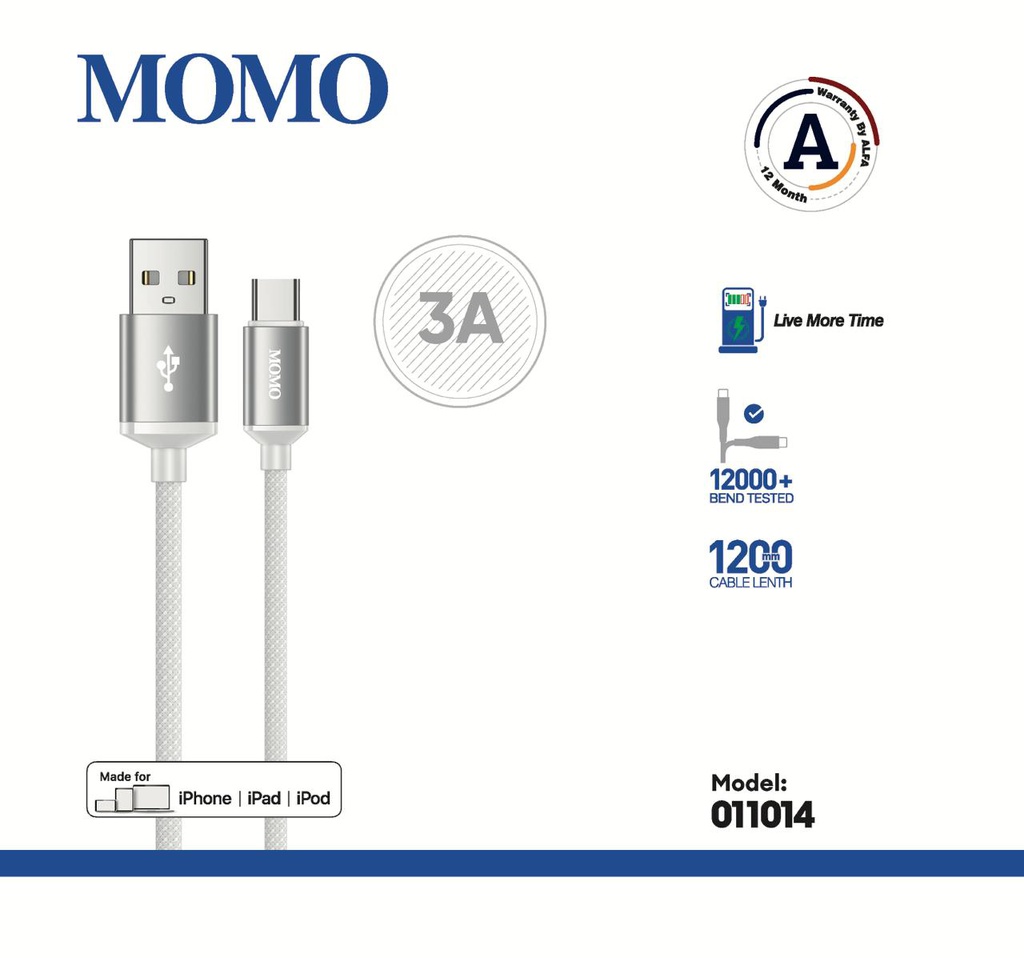 MoMo Cable 3A USB-C  ( Warranty12month ) model 011014