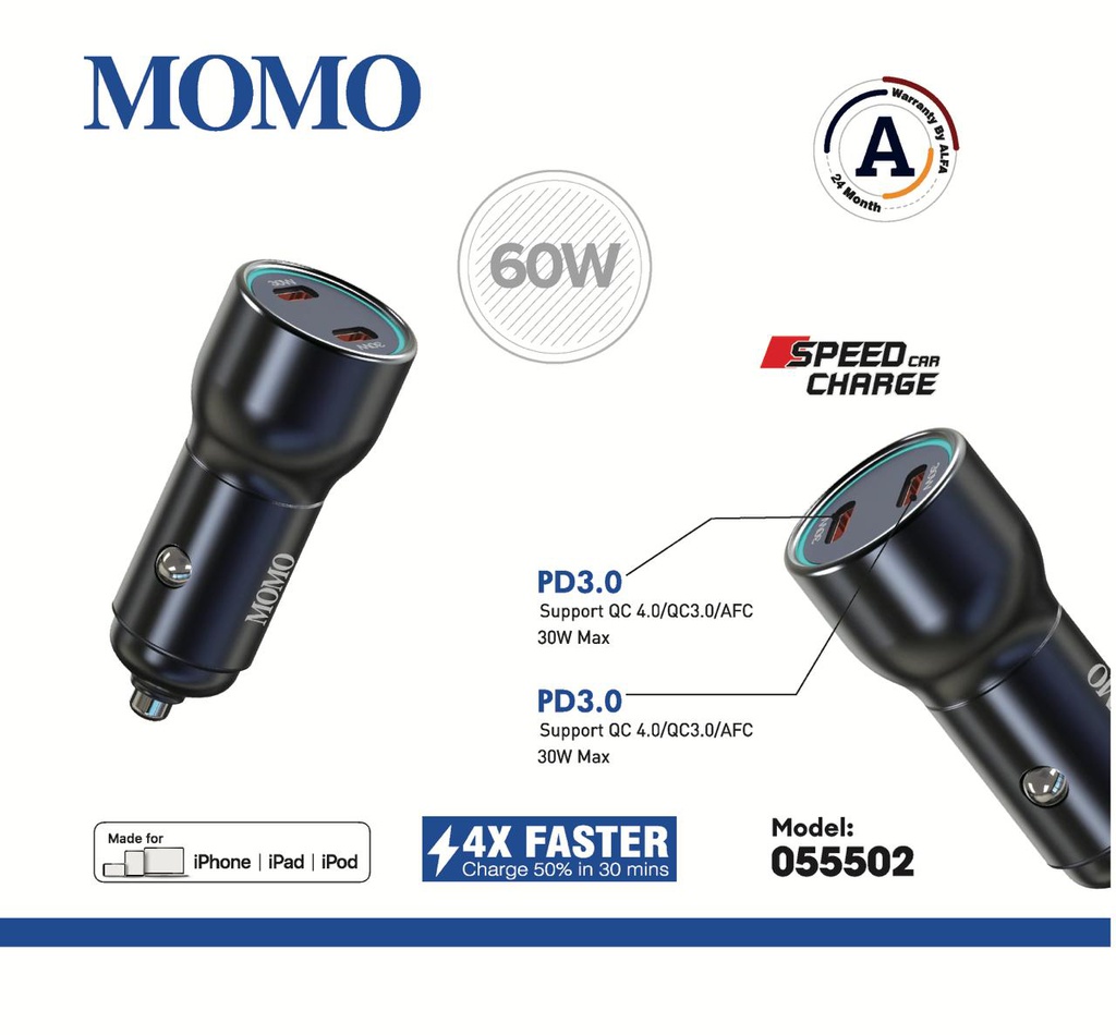 MoMo Car charger 60 W ( Warranty24month ) model: 055502