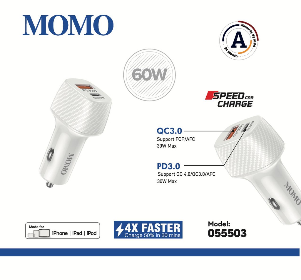 MoMo Car charger 60 W ( Warranty24month ) model: 055503