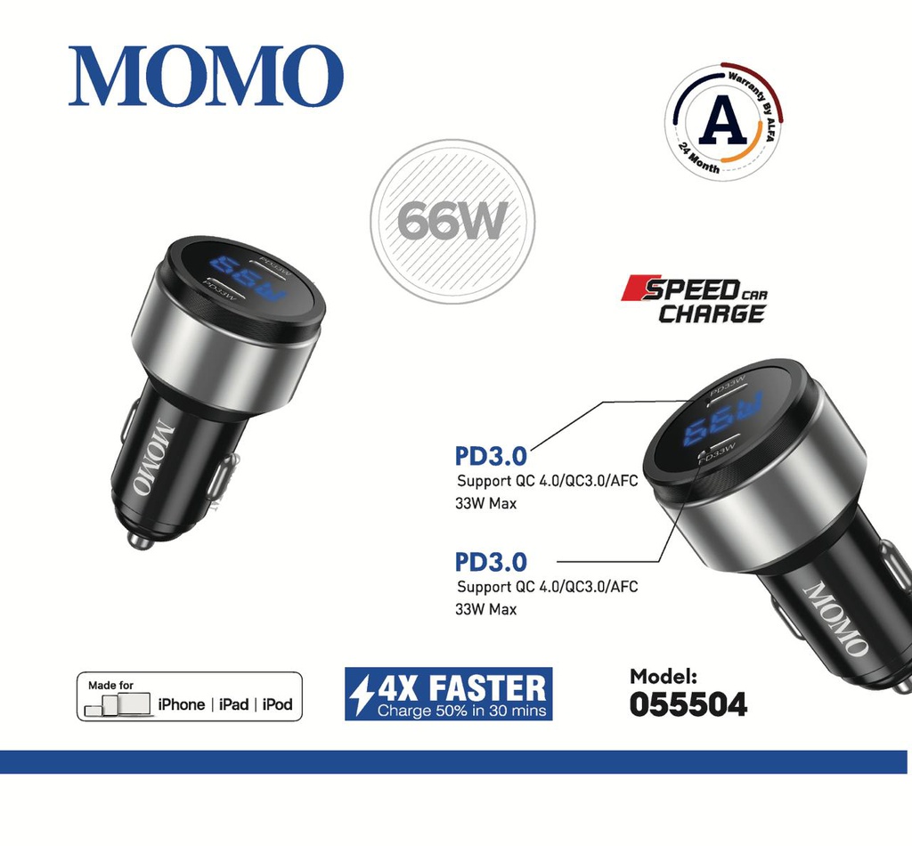 MoMo Car charger 66 W ( Warranty24month ) model: 055504
